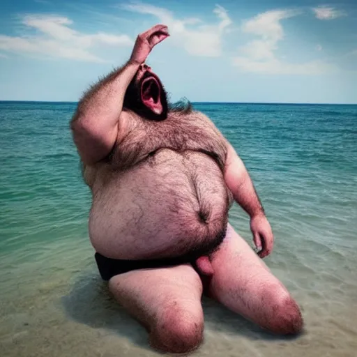 Image similar to a leaked photo of a screaming, hairy, fat man wearing a swimsuit holding the worlds largest toad