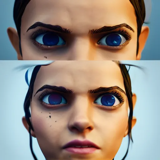 Image similar to textured film grain big eyes subsurface scattering fashion model face smiling laughing squinting emma watson as a fortnite character cgsociety octane render unreal engine redshift render trending on artstation trending on artstation render blender behance cg superhero