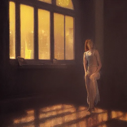 Image similar to detailed portrait of a woman, moment, cyberpunk cloisters, electronic billboards, searchlight, tech noir, wet reflections, atmospheric, ambient, livia prima, greg rutkowski, edward hopper