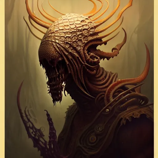 Image similar to Portrait of an undead ilithid mindflayer dracolich, honeycomb background, d&d, fantasy, intricate, elegant, highly detailed, digital painting, artstation, concept art, smooth, sharp focus, illustration, art by Krenz Cushart and Artem Demura and alphonse mucha