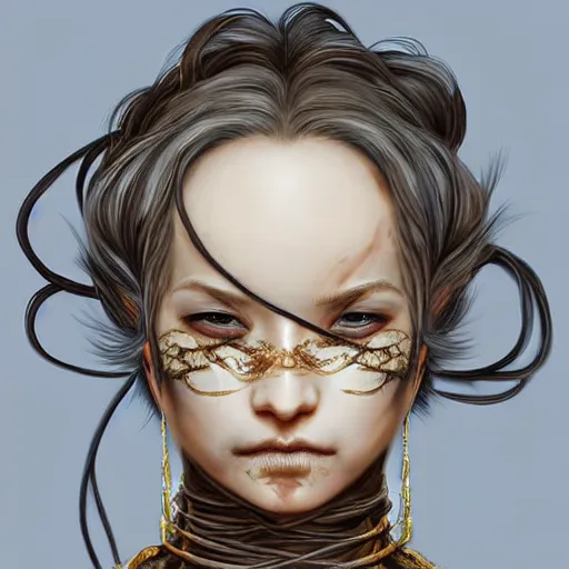 Image similar to portrait of a Shibari cable wrapped face and neck, headshot, insanely nice professional hair style, dramatic hair color, digital painting, of a old 17th century, old cyborg merchant, amber jewels, baroque, ornate clothing, scifi, realistic, hyperdetailed, chiaroscuro, concept art, art by Franz Hals and Jon Foster and Ayami Kojima and Amano and Karol Bak,