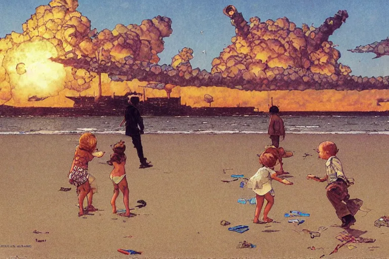 Image similar to children playing at empty beach, huge atomic explosion in the background, wide angle shot, oil on canvas by norman rockwell, by mattias adolfsson, by moebius and satoshi kon, hd, 4 k, high quality,