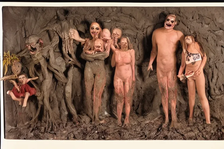 Image similar to studio portrait of a happy creepy mud family in vacation by bob bottin, horror grotesque, realistic detailed photography 1 9 8 0's