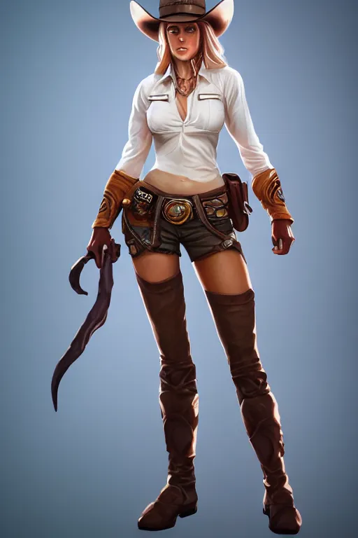 Image similar to full body, female cowgirl, perfect face, white blouse, holster, 8 k, magic the gathering, desert, d & d, artstation, high detail, smooth, muscular