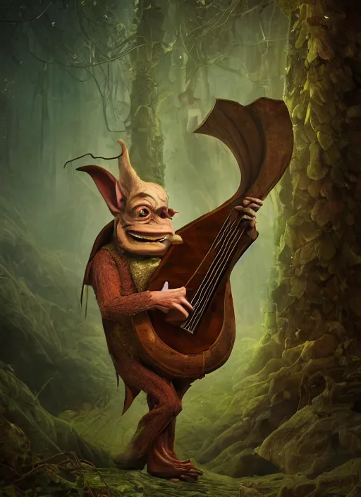 Prompt: a cute sharply dressed goblin playing a lute, in the style of boris valejo and patrick woodroffe, fantastic, dramatic lighting, forest, hyperrealistic, detailed, octane render