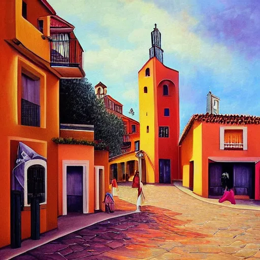 Image similar to surrealism painting of marbella old town