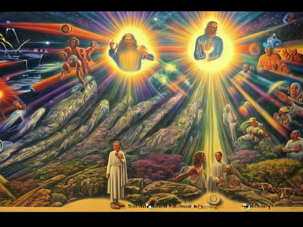 Image similar to a beautiful future for human evolution, spiritual science, holy divinity, utopian, by david a. hardy, wpa, public works mural, socialist