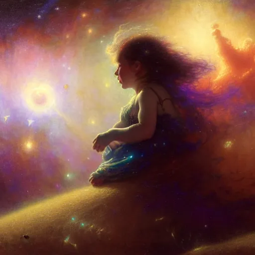 Image similar to a lonley and gloomy baby in middle of space surrounded by colorful stars planets and galaxies, high detail, by gaston bussiere, bayard wu, greg rutkowski, odd nerdrum, maxim verehin, dan dos santos, masterpiece, sharp focus, cinematic lightning