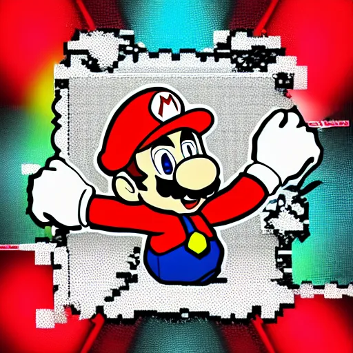 Image similar to svg sticker of a Pop-Wonder SuperMario, Mario-Wearing-a-red-hat, at a rave, spinning records, giant headphones rocking out, wearing headphones, huge speakers, dancing, rave, DJ, spinning records, digital art, amazing composition, rule-of-thirds, award-winning, trending on artstation, featured on deviantart