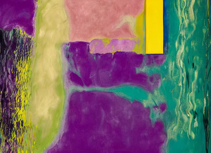 Image similar to minimalistic abstract painting in shape of waterfall, in purple, yellow, dark green, beige, by hernan bas and pat steir and hilma af klint, psychological, photorealistic, dripping paint, washy brush, oil on canvas, rendered in octane, altermodern, masterpiece