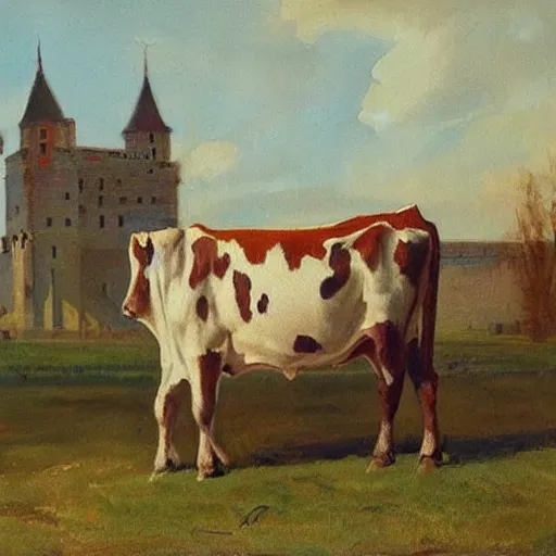 Prompt: painting by zorn, cow wearing clothes!!! standing next to royal castle!!!