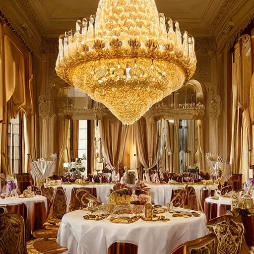 Prompt: opulent anglocore ballroom with tall ceilings, overflowing feast buffet table, gentleman's club lounge, french provincial furniture, incandescent lighting, fancy drapery on furniture, palace, victorian, rococo, french, english, monarchy