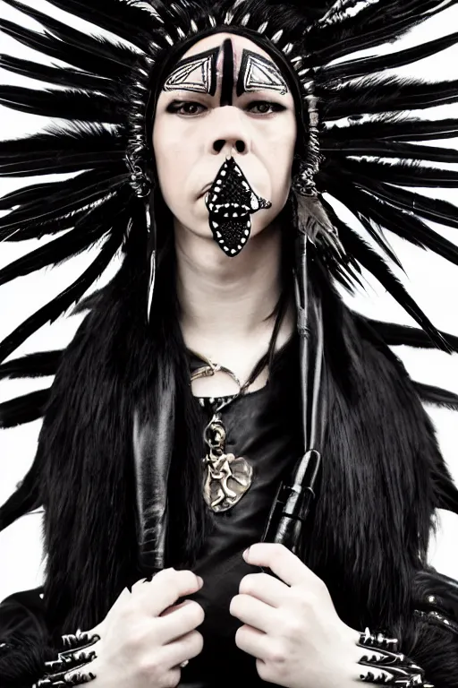 Prompt: a indigenous inuit genderqueer person in a black leather outfit with spikes on their head, a high fashion character portrait by christen dalsgaard, featured on behance, gothic art, androgynous, genderless, gothic