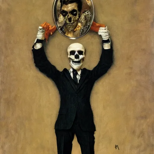 Image similar to portrait of a suited man with gloves and a skull mask, by Gerald Brom and Norman Rockwell