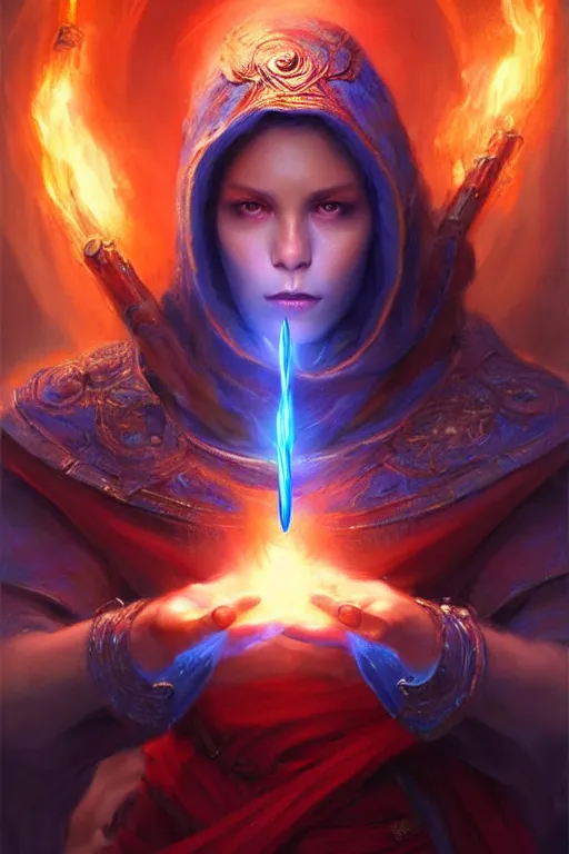 Image similar to Front portrait of mage hold a blue fire on right hand and red fire on the left hand, full body, fine art, awesome fantasy book cover on Pinterest, award winning, dark fantasy landscape, fantasy magic, intricate, elegant, sharp focus, cinematic lighting, highly detailed, digital painting, concept art, art by WLOP and Artgerm and Greg Rutkowski, masterpiece, trending on artstation, 8K