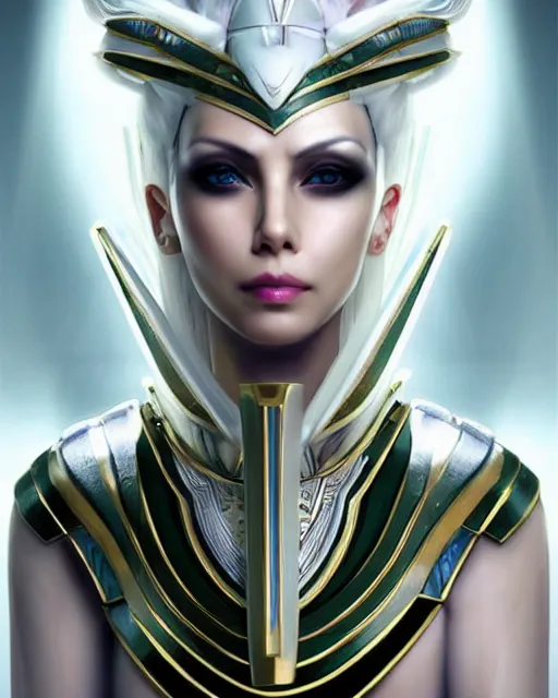 Image similar to perfect white haired attractive egyptian goddess, warframe armor, pharaoh headdress, beautiful, symmetric, dreamy, half asian, pretty face, green eyes, charlize theron, detailed, scifi platform, laboratory, experiment, 4 k, ultra realistic, epic lighting, android body, illuminated, cinematic, masterpiece, art by akihito tsukushi, voidstar