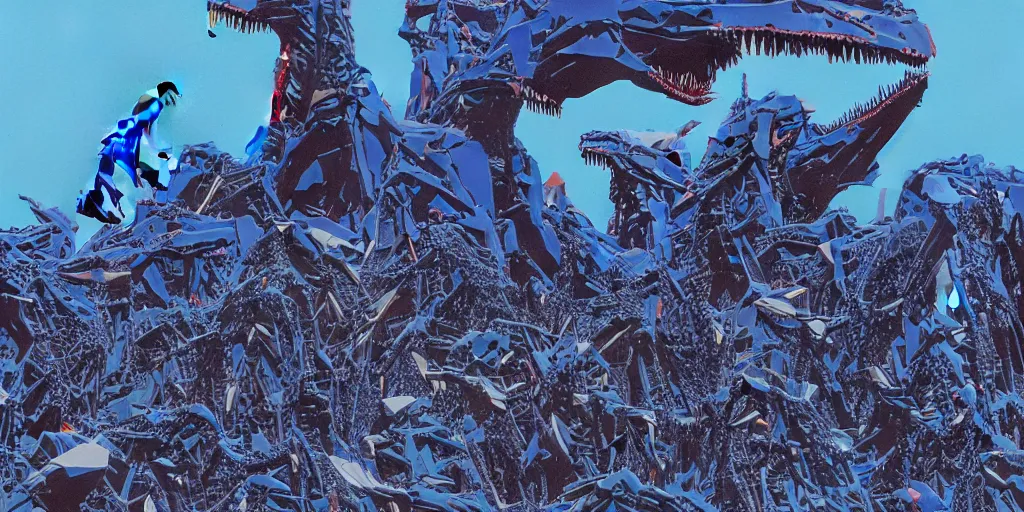 Image similar to risograph rendition of extremely - detailed black gigantic evangelion - like dinosaur mecha with a lot of blue children heads on it, ominous, intricate complexity, dramatic, epic composition, atmospheric, painting by moebius