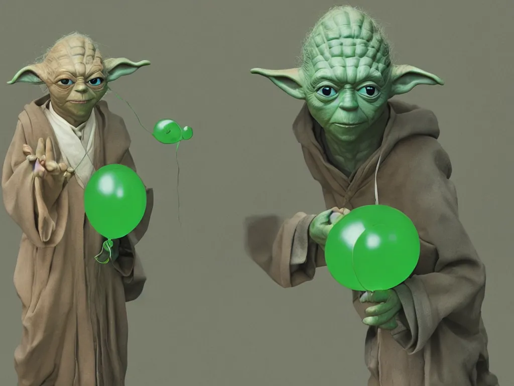 Image similar to a photo of yoda holding a green balloon in the tokyo suburbs by wes anderson, highly detailed, trending on artstation