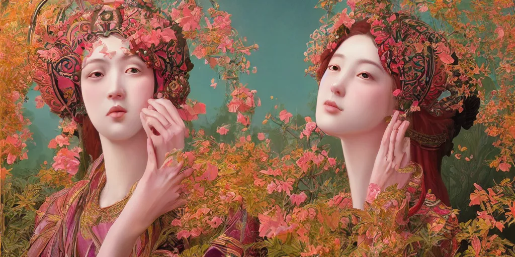 Image similar to breathtaking detailed concept art painting of the goddess of flamingo, orthodox saint, with anxious, piercing eyes, ornate background, amalgamation of leaves and flowers, by Hsiao-Ron Cheng and John James Audubon, extremely moody lighting, 8K