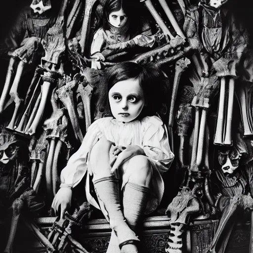 Image similar to a photo of young sad victorian gothic child with big eyes and wide grin sitting on a sofa of bones surrounded by a cyber futuristic cityscape made of human body parts, color, 5 0 mm, award winning photography