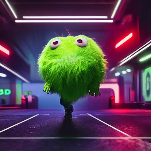 Image similar to high quality 3 d render cyberpunk very tennis ball monster highly detailed, unreal engine cinematic smooth, in the style of blade runner & detective pikachu, basil gogos, chalk, low angle, uhd 8 k, sharp focus, illustrated by basil gogos