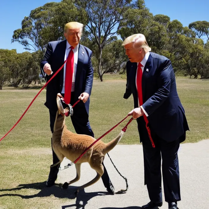 Prompt: a photo of Donald trump walking a kangaroo on a leash