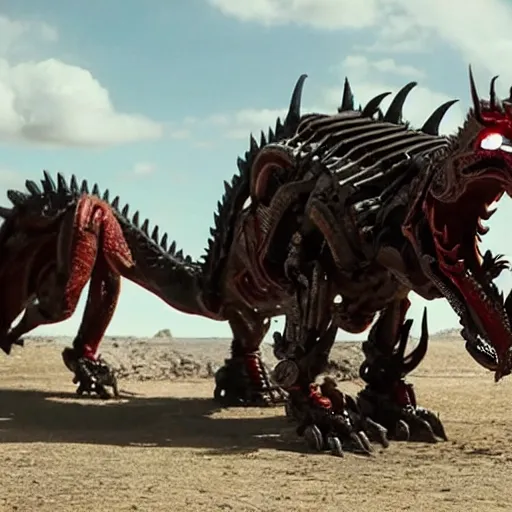 Image similar to cinematic still of westworld, a full body red stunning intricate si - fi robotic fantasy dragon, well armored mech dragon, highly detailed