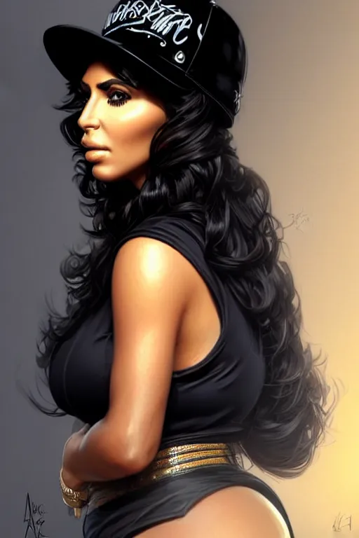 Image similar to Portrait of kim kardashian dressed as eazy e, big bust, ghetto, intricate, elegant, highly detailed, digital painting, artstation, concept art, smooth, sharp focus, illustration, art by artgerm and greg rutkowski and alphonse mucha