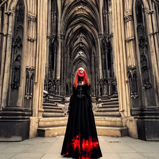 Image similar to 1 8 mm gothic girl dressed in black, behind her a gothic cathedral, dark ambients, the windows of the cathedral are reflecting red flame lights, golden hour, detailed face, intricate ornaments