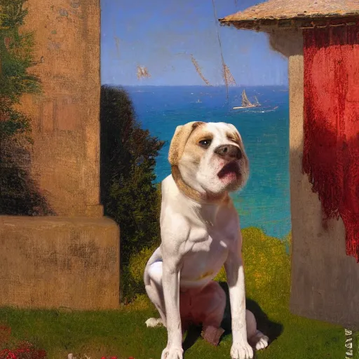 Image similar to summer hyperrealistic photorealistic land crystal boxer dog zinc burgundy baluster, by sandro botticelli and odilon redon and greg rutkowski, 8 k, storybook illustration, impressionism