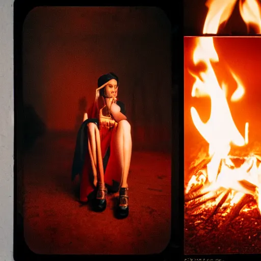 Image similar to realistic! photoshoot for a new chanel lookbook, color film photography, portrait of a beautiful woman, fire in the background, in style of tyler mitchell, 35mm