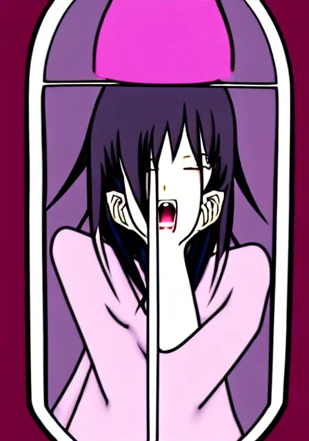 Prompt: a screaming Anime girl in a jar pressing her face and hands into the glass in style of Yuyuko Takemiya