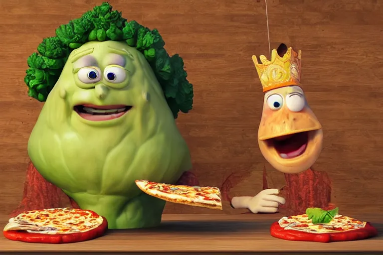 Image similar to cabbage character with pizza peel, royal walruss king wearing a crown, cooking pizza in a wood fired oven, highly detailed 3 d render, funny, surrealism, pixar