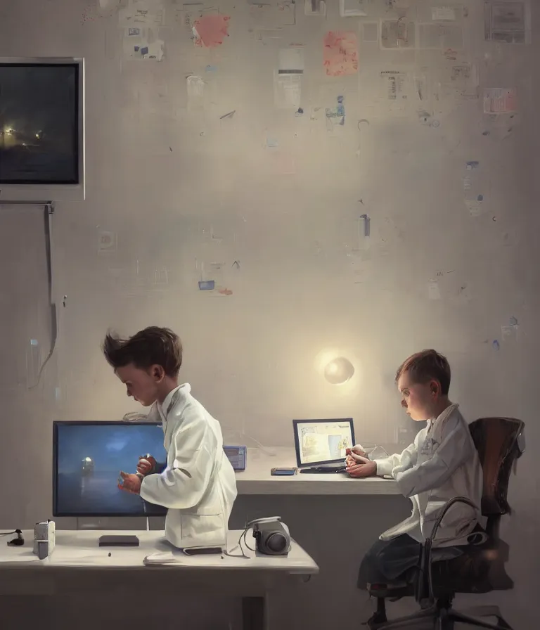 Prompt: a portrait of a smart child in a white coat in front of a computer and screens in a painting from stalenhag, 4 k, 8 k, hdr, artstation