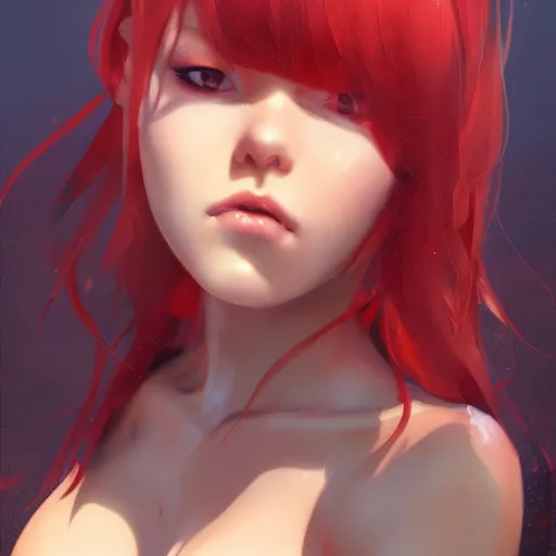 Image similar to red haired anime girl in a bikini, ultra detailed, very beautiful face, 8 k resolution, by greg rutkowski, wlop, hayao miyazaki