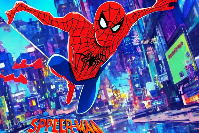 Image similar to anime key visual concept art screenshot, in style of, spider - man into the spider - verse ( 2 0 1 8 ), golden rays, by alberto mielgo, 6 0's french movie poster, french impressionism, vivid colors, palette knife and brush strokes, anaglyph, fish eye lens