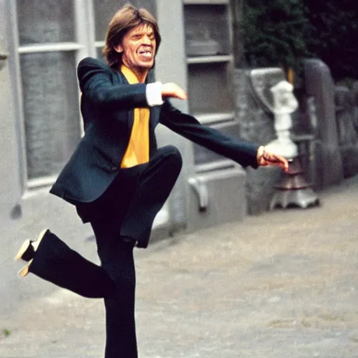 Prompt: ministry of silly walks by Mick Jagger