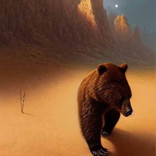 Prompt: a stunning hyperrealistic bear from the movie Annilihation walking through an arid minimalistic desert with harsh noon sunlight with an oasis in the background, award-winning, masterpiece, in the style of Tom Bagshaw, Cedric Peyravernay, Peter Mohrbacher