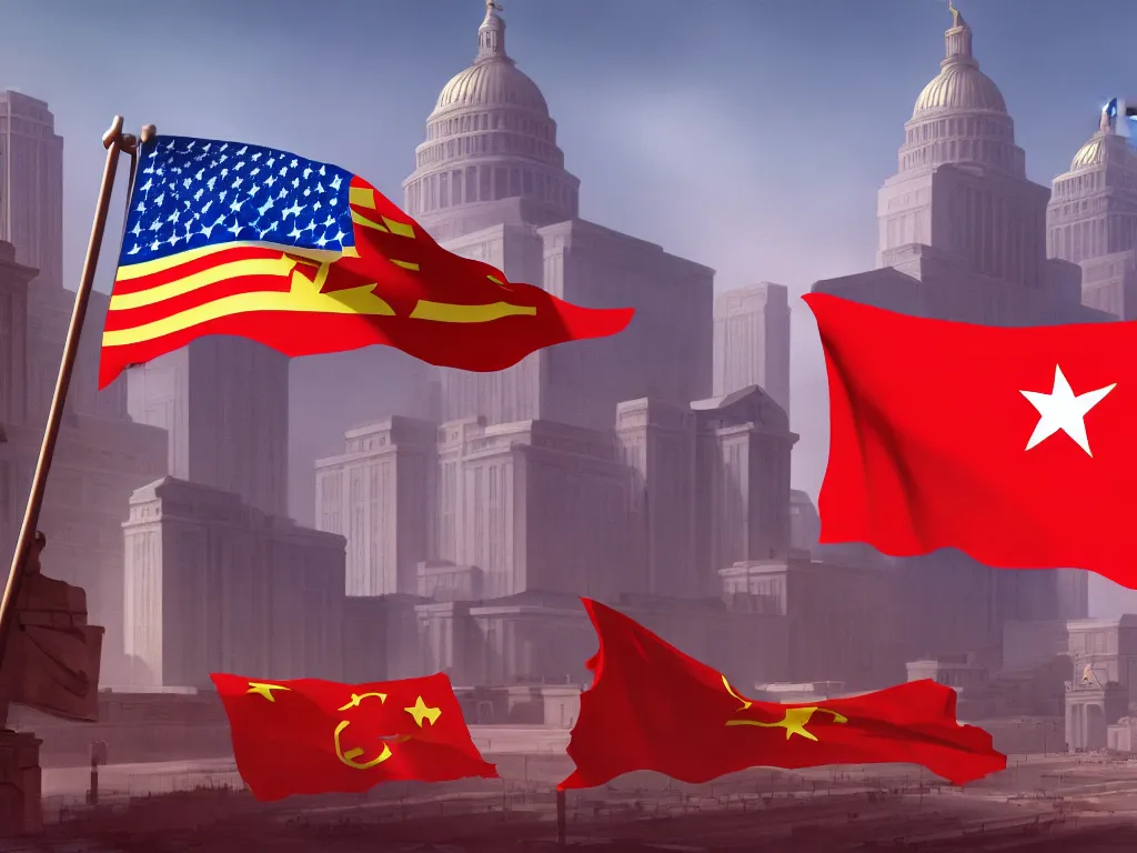 Prompt: landscape matte painting by fan wennan. communist american future capitol shining in the sun after the triumph of socialism in america, highly detailed, artstation, 8 k, photorealistic, hyperrealism, grounded rectangular communist governmental architecture, statue, imposing, strength, abundance. american communist party flag. america 2 0 9 8