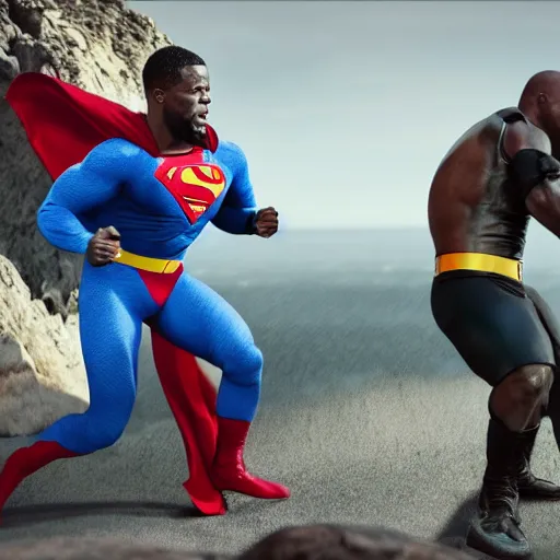 Prompt: kevin hart beating up the rock in a superman costume, octane render, hyperdetailed