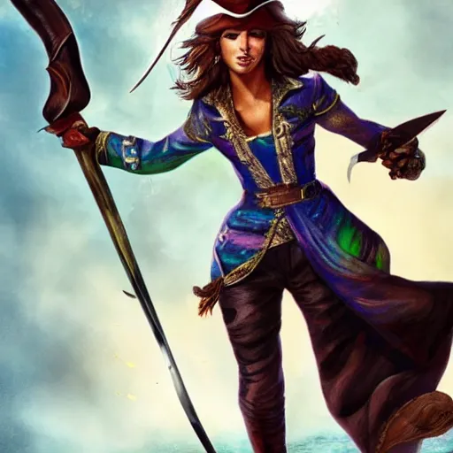 Prompt: a swashbuckling pirate with iridescent!!!! skin!!!!!, she is holding melee weapons