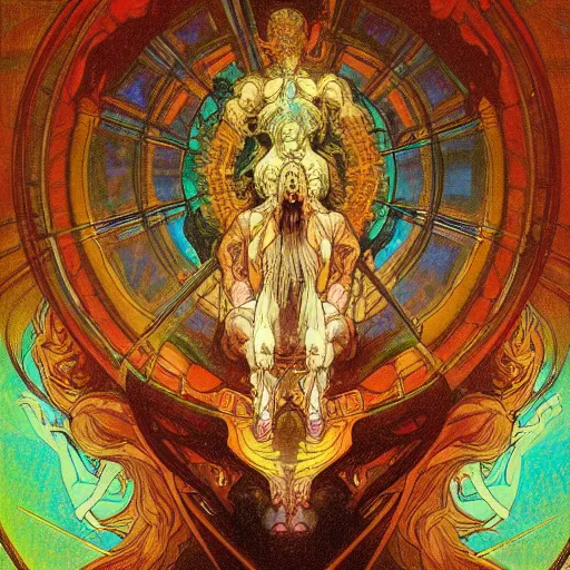 Image similar to psychedelic trippy iridescent illusionary art of facial expressions creepy eyes faces i'm nuclear explosions god judgemental gustave dore james gurney artstation alphonse mucha yoji shinkawa