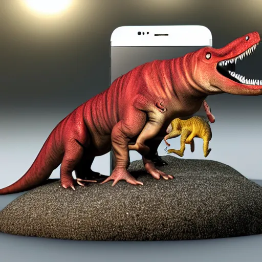 Image similar to photography, 3 d render, cellphone, dinosaur, water