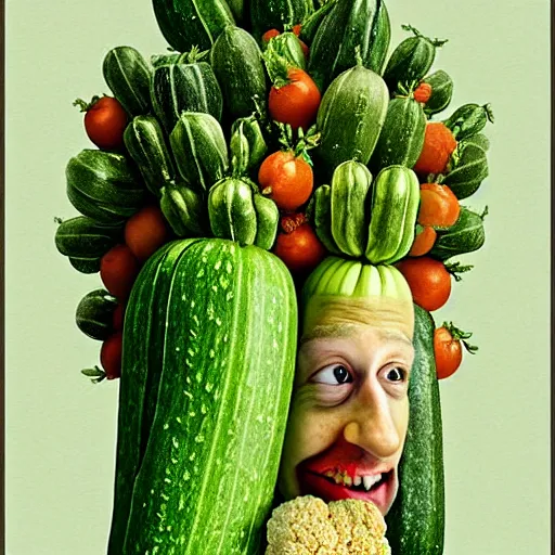 Image similar to mark zuckerberg as a zucchini, vegetable market stand in the background, digital painting by arcimboldo