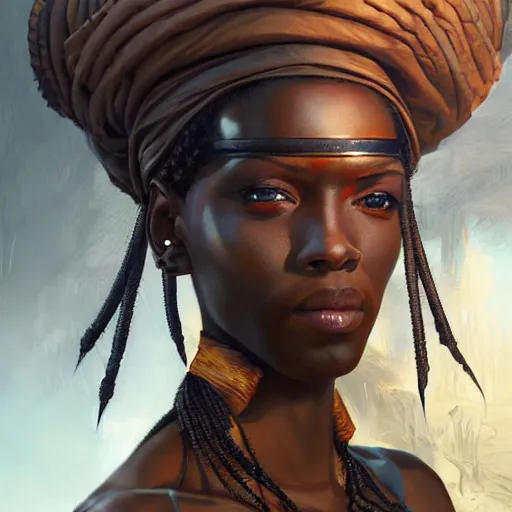 Prompt: african dieselpunk bandit, science fiction, highly detailed, digital painting, beautiful eyes, symmetry, concept art, sharp focus, illustration, global illumination, radiant light, detailed and intricate environment, art by artgerm and greg rutkowski and magali villeneuve and ilya kuvshinov!