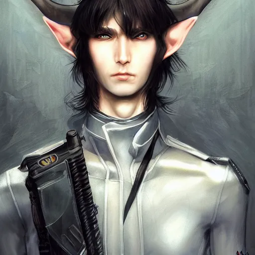 Image similar to portrait of an elf by ayami kojima, he is about 2 0 years old, androgenic, long white hair, slender and tall, smirk, he is wearing a modern tactical gear, scifi, highly detailed portrait, digital painting, artstation, concept art, smooth, sharp foccus ilustration, artstation hq