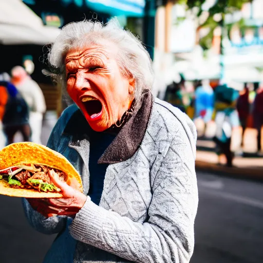 Image similar to elderly woman screaming at a taco, canon eos r 3, f / 1. 4, iso 2 0 0, 1 / 1 6 0 s, 8 k, raw, unedited, symmetrical balance, wide angle