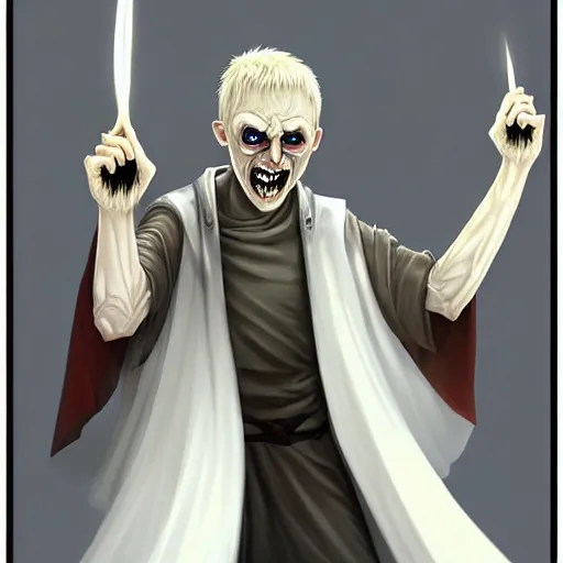 Image similar to Pale-skinned man with a pinched face, crazed eyes, and a strained toothy grin. He has short blond unwashed hair. He wears a white oversized cultist robe that is dirty and stained. Epic fantasy art, award winning on Artstation.