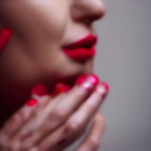 Prompt: close up of Ann Talyor-Joy putting on red makeup in mirror, thin dof, film photo, anamorphic, dramatic lighting,