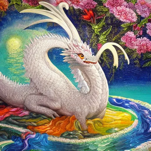 Prompt: highly detailed oil painting of a white dragon sitting in a colorful hotspring